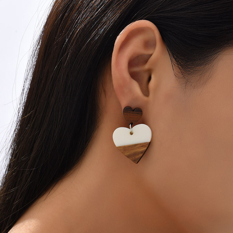 Exaggerated Geometry Heart-shaped Wood Acrylic Earrings For Women