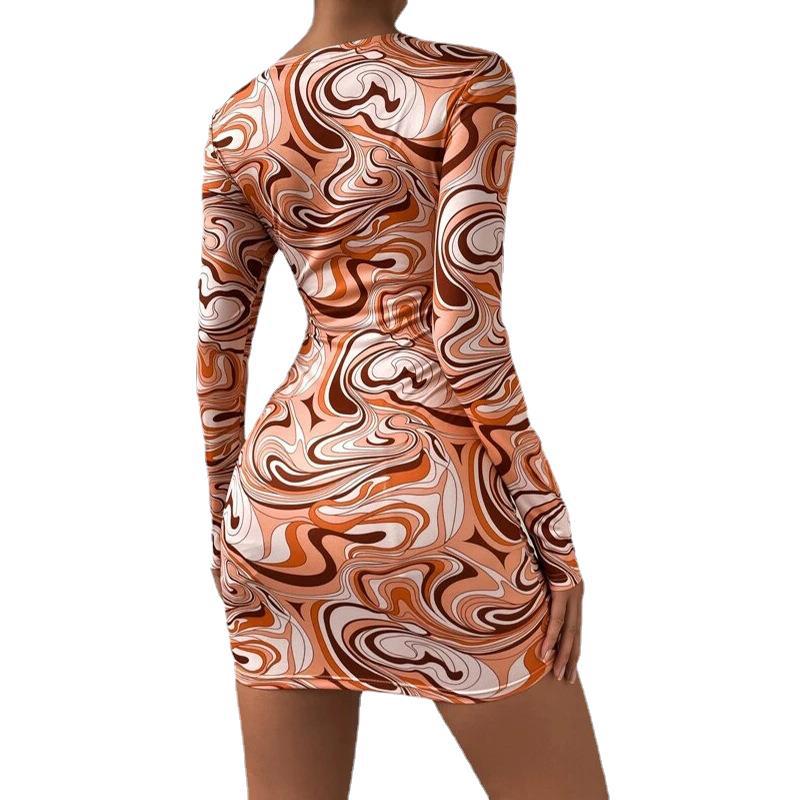 Sexy Long Sleeve Printed Hollow Out V-neck Slim Fit Hip Skirt