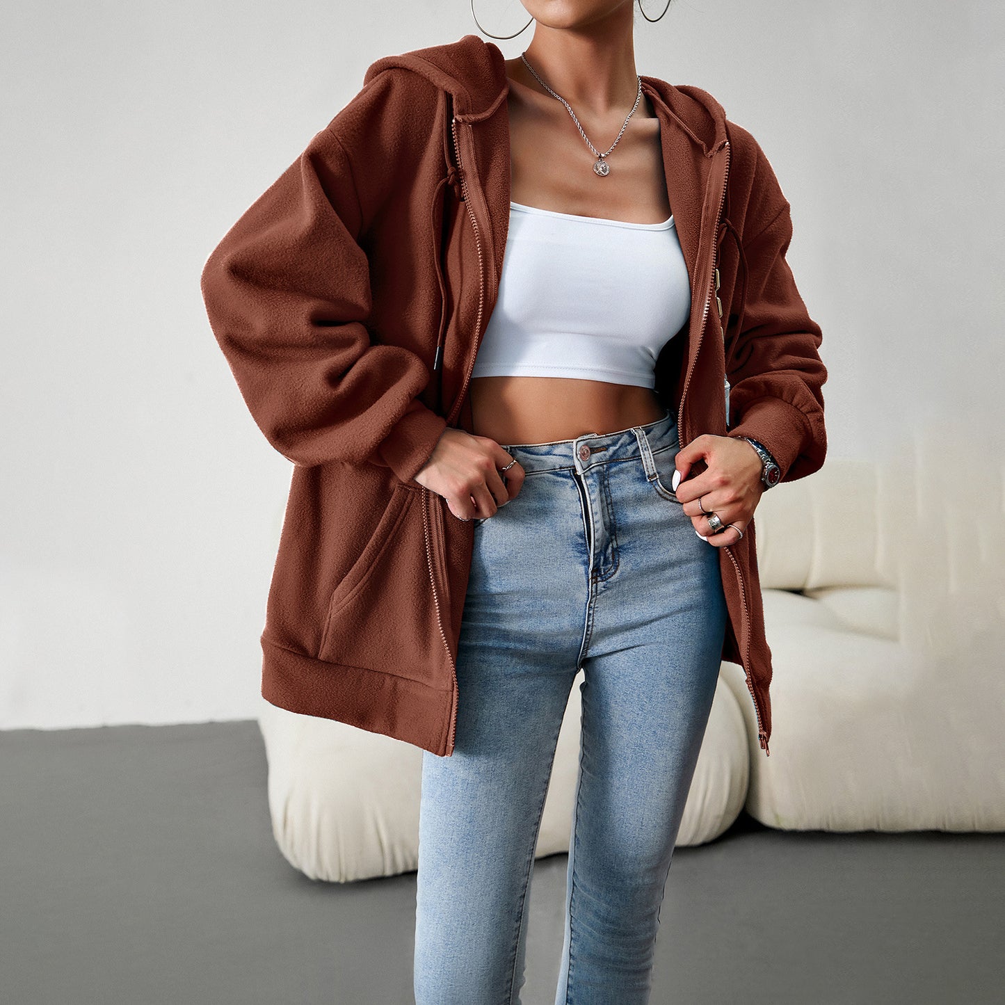 Casual Fashion Hooded Cardigan Jacket With Pockets Winter And Autumn Loose Sports Coat Women Solid Outwear Clothing