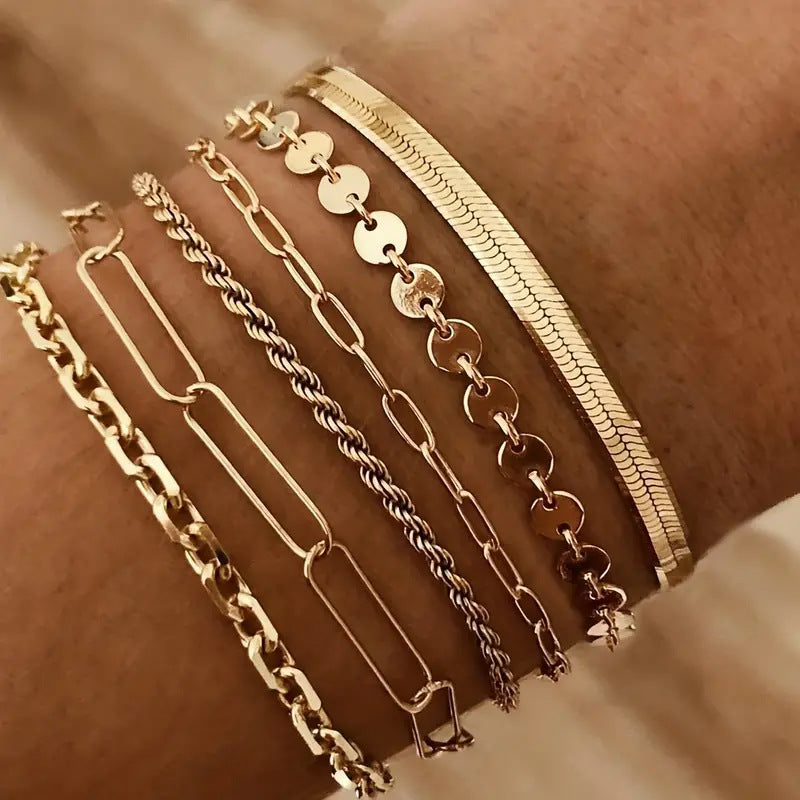 Six-piece Set All-match Bracelet Personality Fashion Snake Chain Hemp Flowers Chain Alloy